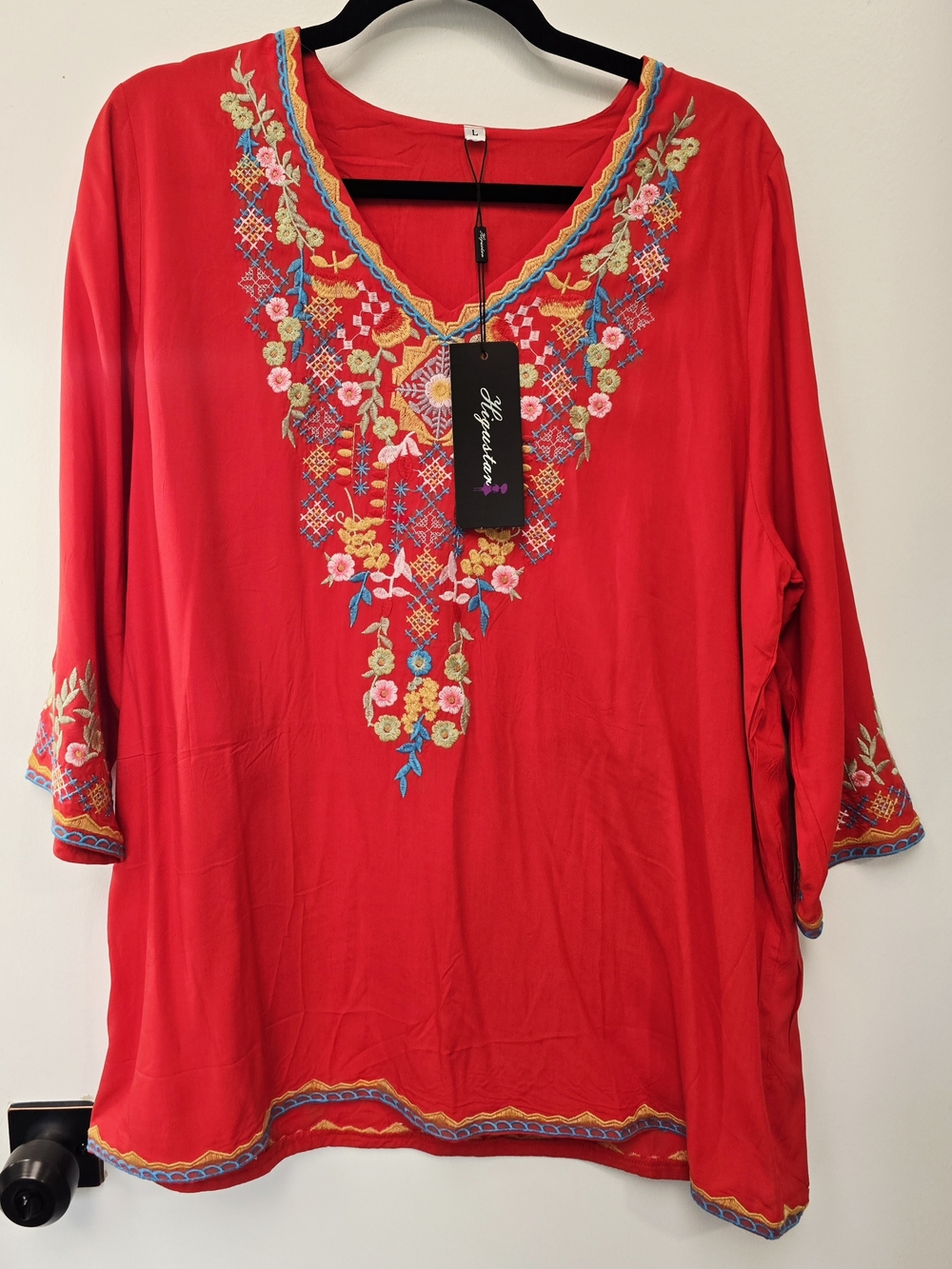 Red Embroidered 3/4 Sleeve V Neck Boho Tunic Top-Lrg NWT BOUTIQUE